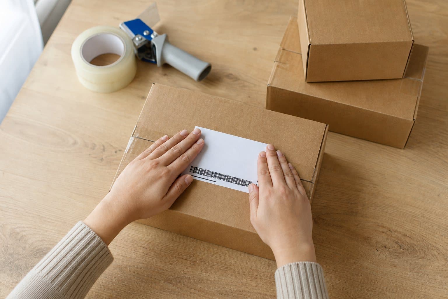 Hands pressing a shipping label onto a cardboard box on a packing table